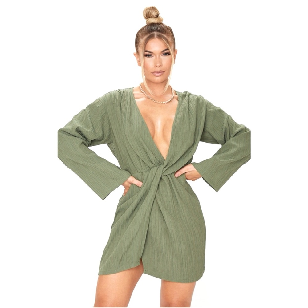 PrettyLittleThing | Dresses | Pretty Little Thing Long Sleeve Olive Green Deep V Neck Dress Size 4